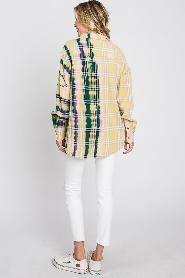 BLEACHED DETAIL FRONT POCKET DETAIL PLAID SHIRT