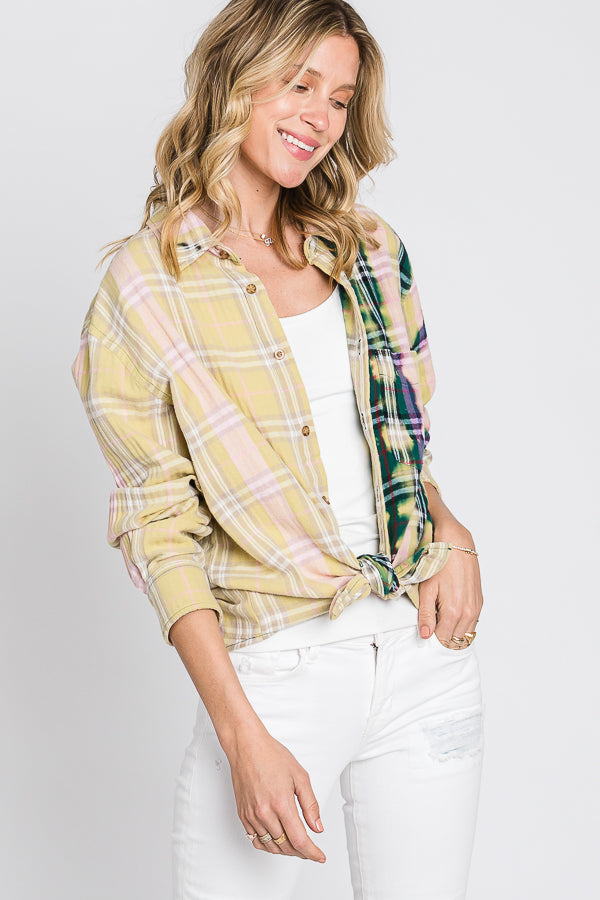 BLEACHED DETAIL FRONT POCKET DETAIL PLAID SHIRT