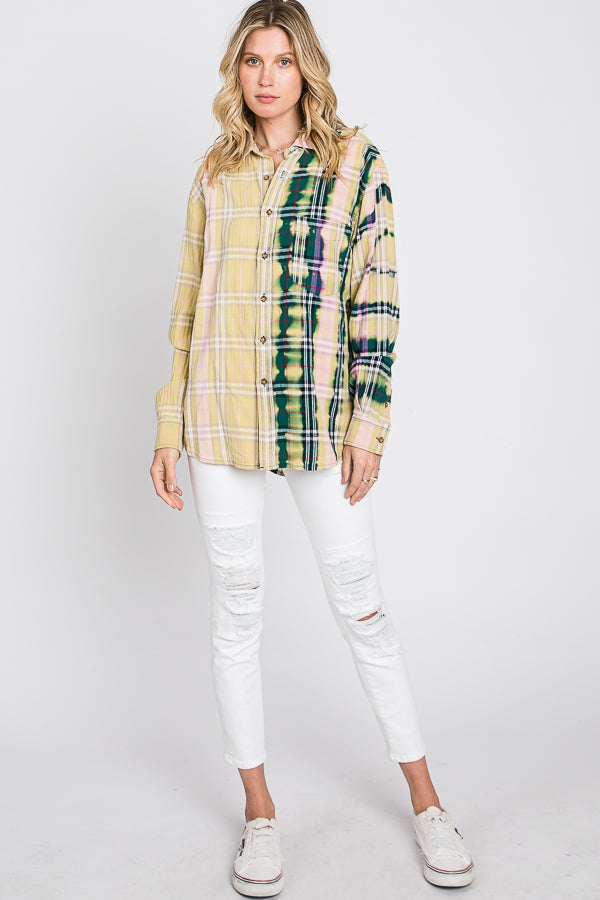 BLEACHED DETAIL FRONT POCKET DETAIL PLAID SHIRT