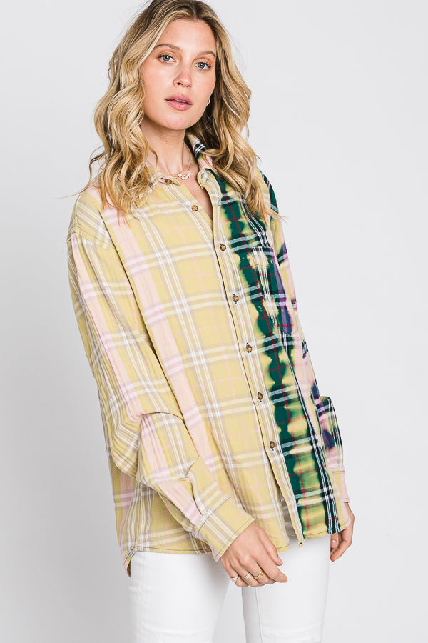 BLEACHED DETAIL FRONT POCKET DETAIL PLAID SHIRT