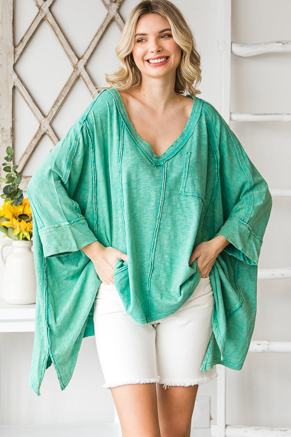 OVERSIZED V NECK SHARKBITE HEM SOFT KNIT TOP