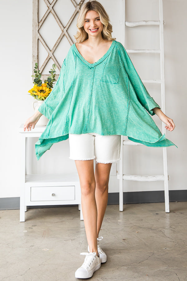 OVERSIZED V NECK SHARKBITE HEM SOFT KNIT TOP