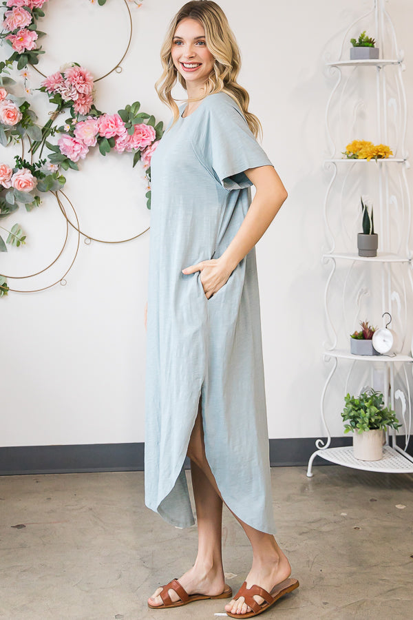 WASHED COTTON SHORT SLEEVE OVERSIZED MIDI DRESS