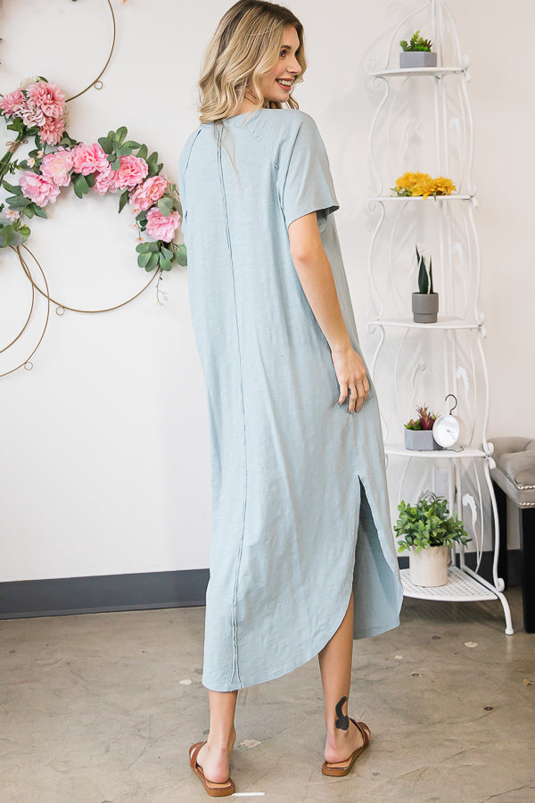 WASHED COTTON SHORT SLEEVE OVERSIZED MIDI DRESS