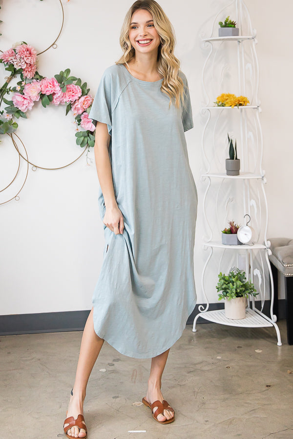 WASHED COTTON SHORT SLEEVE OVERSIZED MIDI DRESS