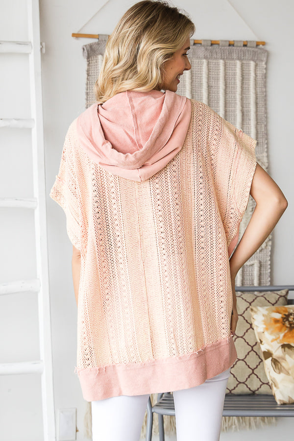 WASHED CONTRAST YOKE HOODED SHORT SLEEVE TOP