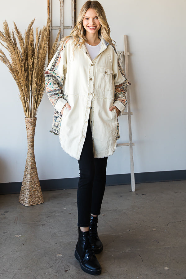 MINERAL WASHED JACQUARD CONTRAST HOODIE SHACKET