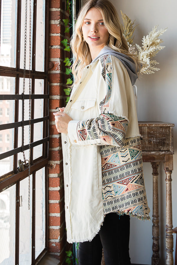 MINERAL WASHED JACQUARD CONTRAST HOODIE SHACKET
