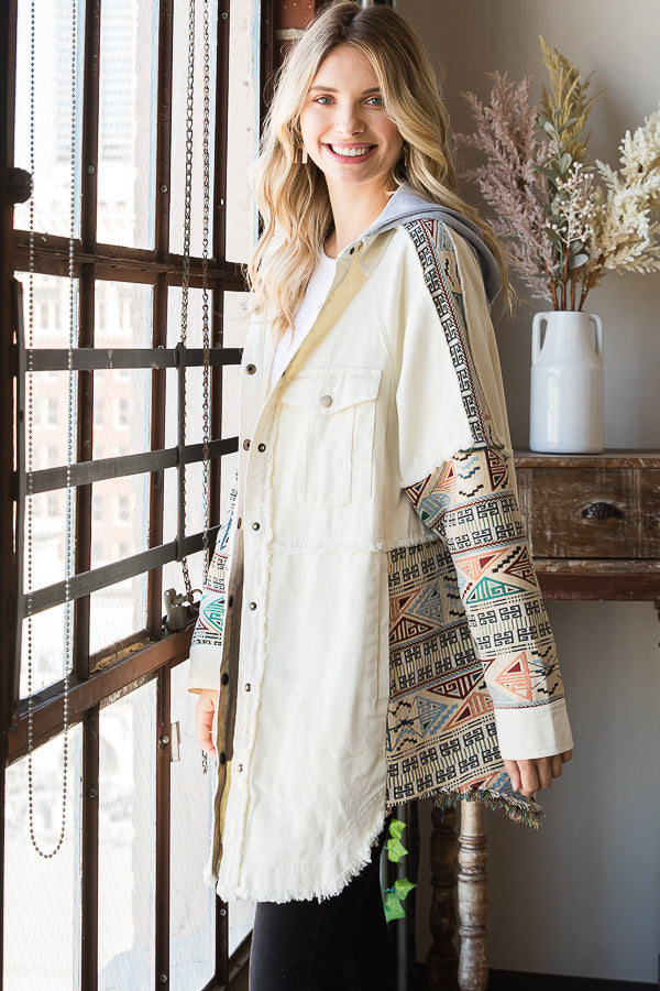 MINERAL WASHED JACQUARD CONTRAST HOODIE SHACKET