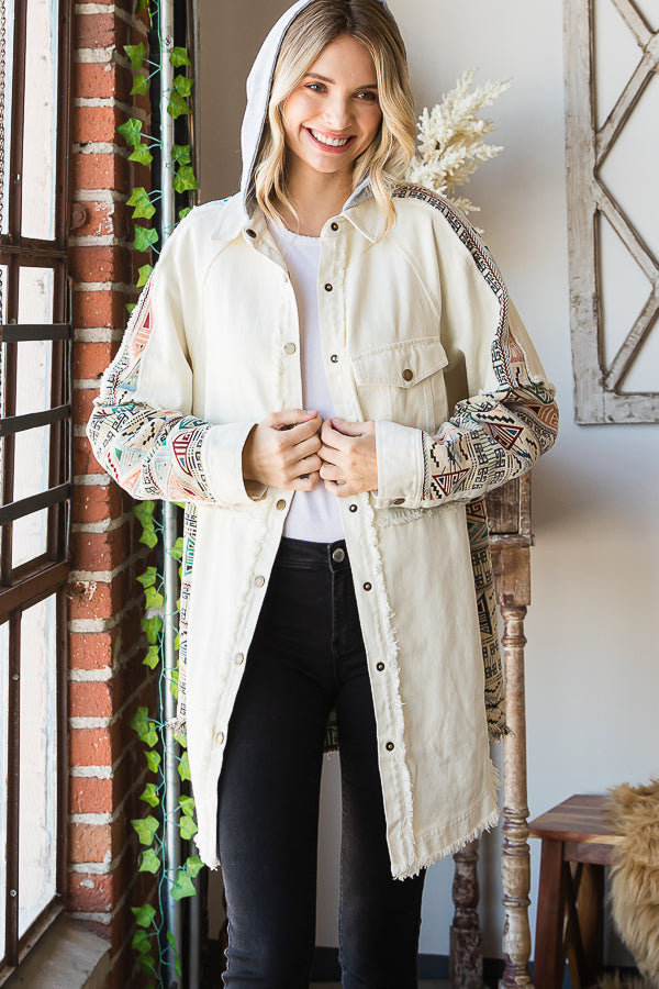 MINERAL WASHED JACQUARD CONTRAST HOODIE SHACKET