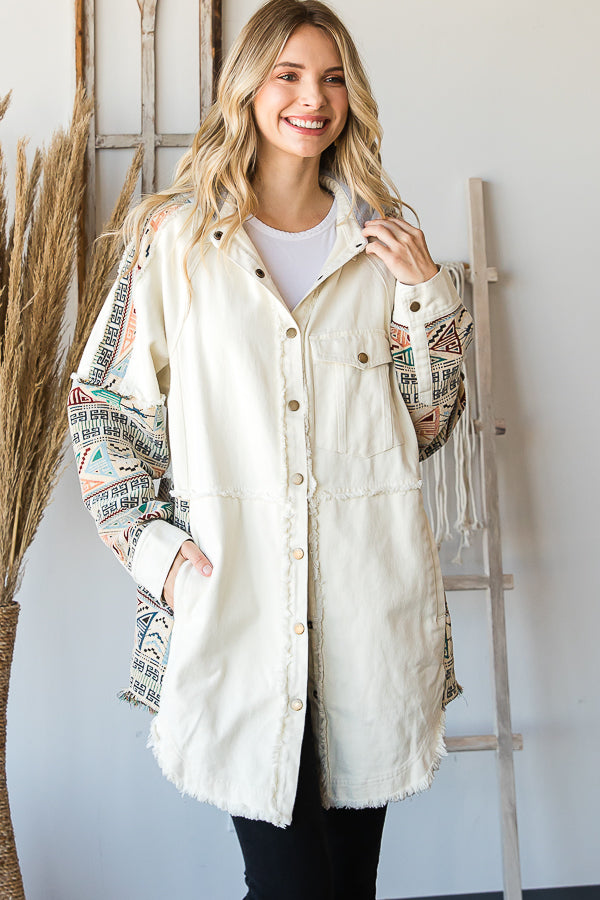 MINERAL WASHED JACQUARD CONTRAST HOODIE SHACKET