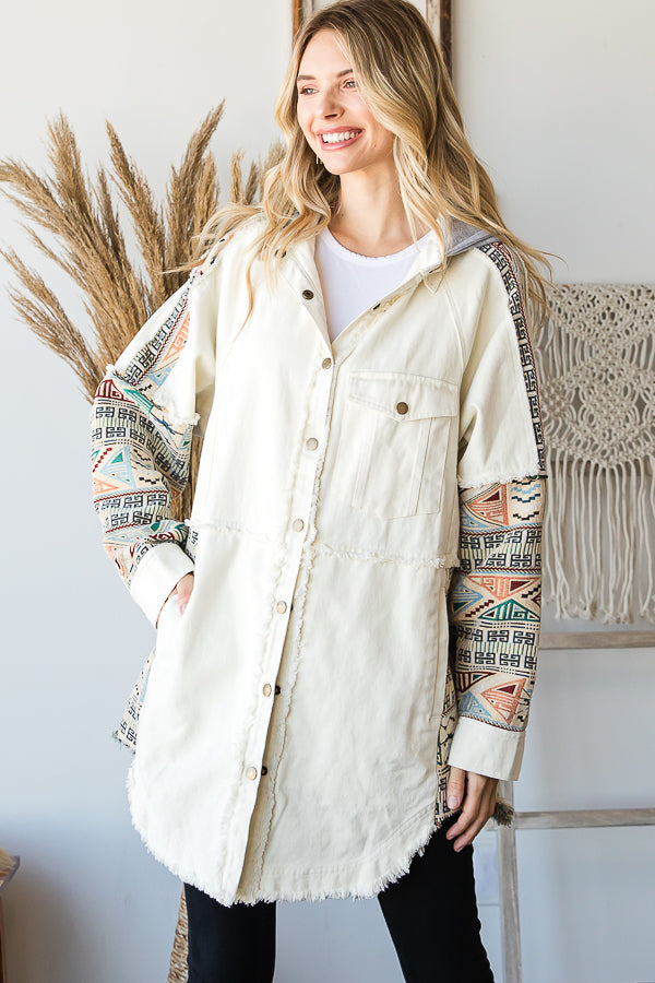 MINERAL WASHED JACQUARD CONTRAST HOODIE SHACKET