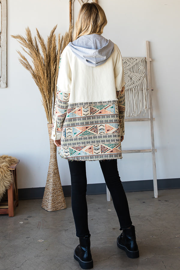 MINERAL WASHED JACQUARD CONTRAST HOODIE SHACKET