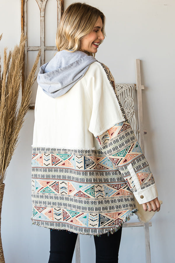 MINERAL WASHED JACQUARD CONTRAST HOODIE SHACKET