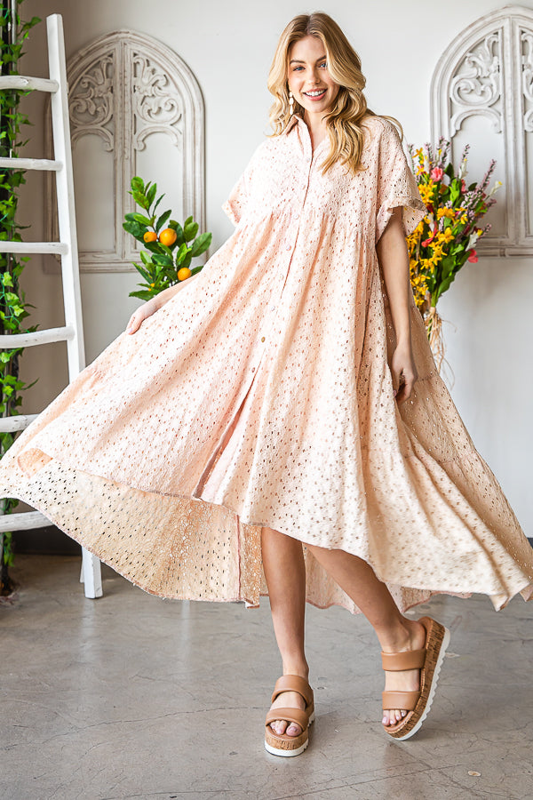 WASHED EYELET LONG AND BACK TIER DRESS
