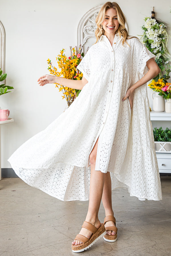 WASHED EYELET LONG AND BACK TIER DRESS