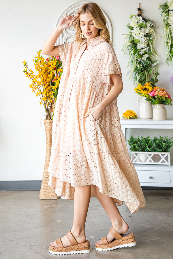 WASHED EYELET LONG AND BACK TIER DRESS