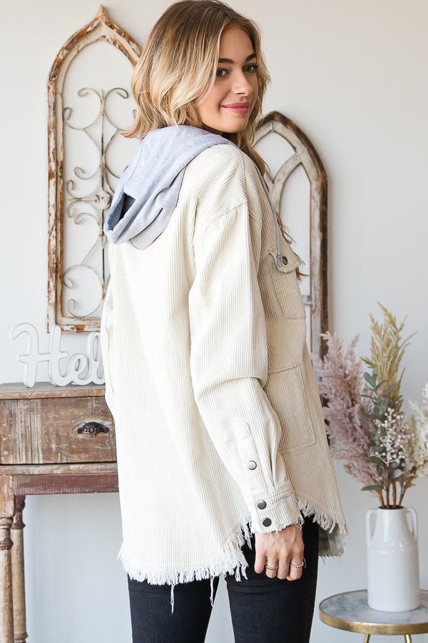 WASHED BUTTON DOWN HOODED CORDUROY JACKET