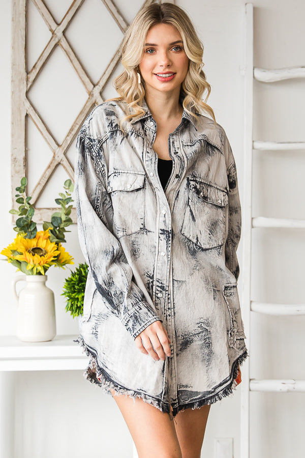 BLEACHED DETAIL BUTTON DOWN OVERSIZED DENIM SHIRT