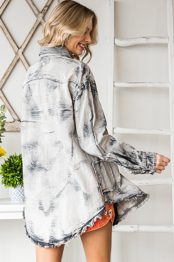 BLEACHED DETAIL BUTTON DOWN OVERSIZED DENIM SHIRT