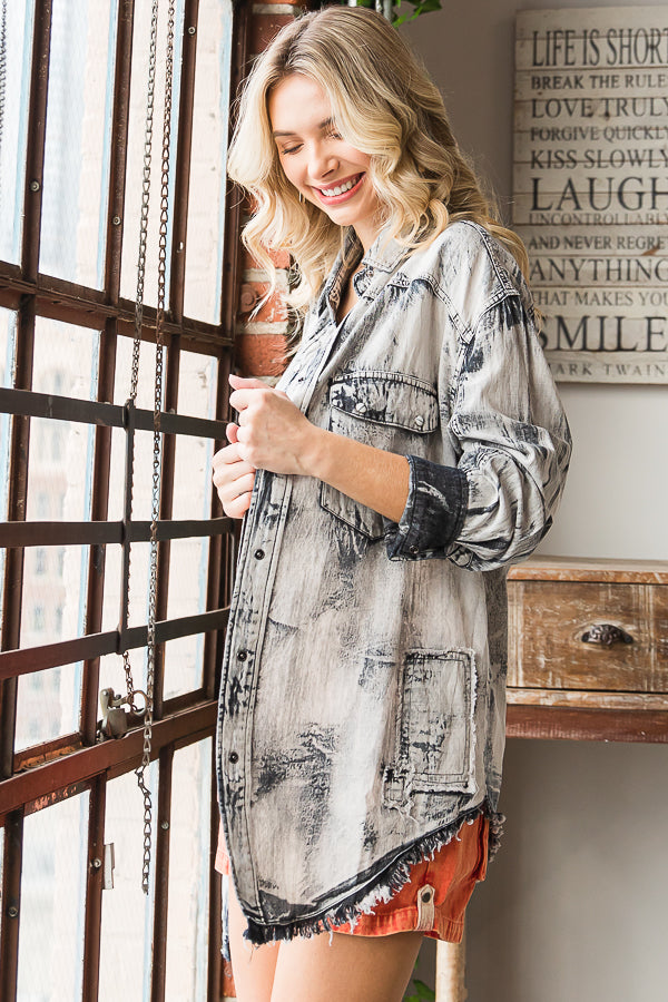 BLEACHED DETAIL BUTTON DOWN OVERSIZED DENIM SHIRT