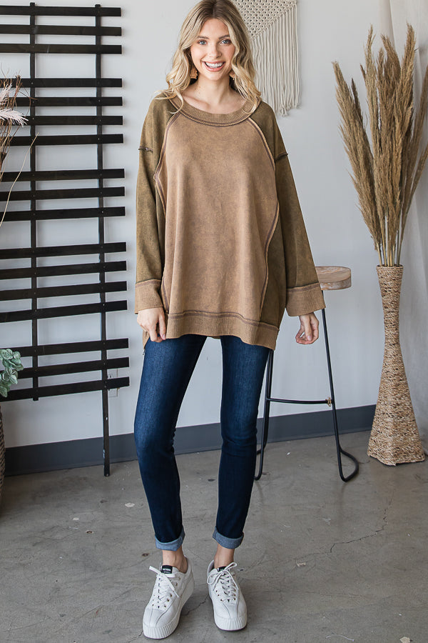 WASHED COLORBLOCK BOXY PULLOVER KNIT TOP