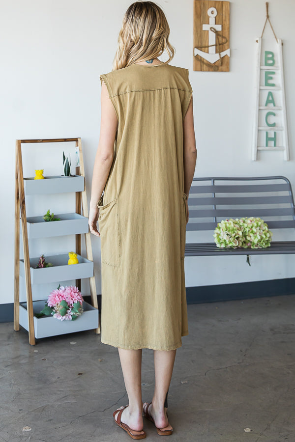 WASHED SLEEVELESS SIDE POCKETS COTTON TUNIC DRESS