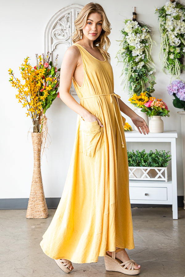 WASHED SLEEVELESS TIE WASIT FLARE HEM MAXI DRESS