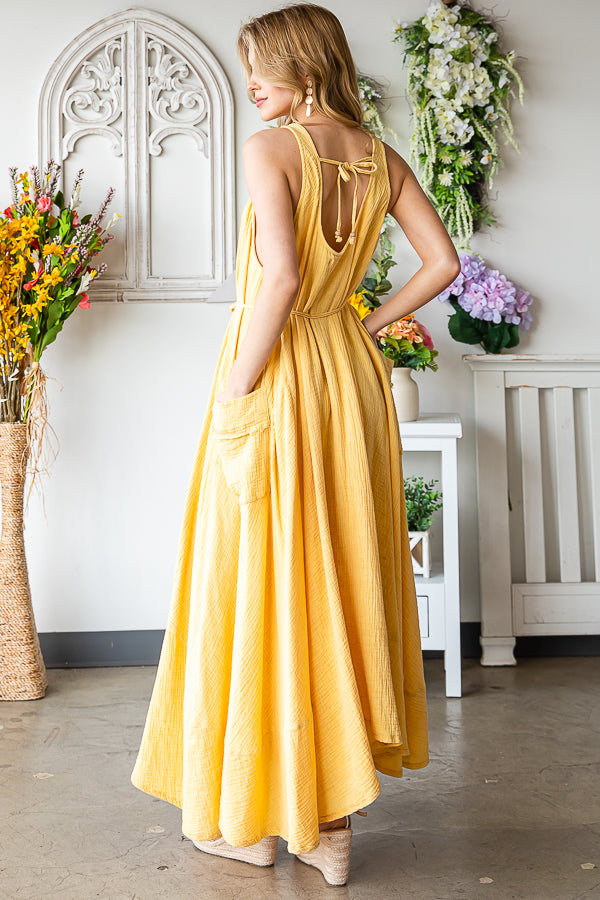 WASHED SLEEVELESS TIE WASIT FLARE HEM MAXI DRESS