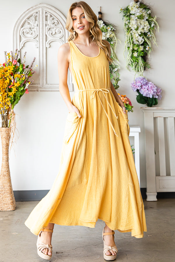 WASHED SLEEVELESS TIE WASIT FLARE HEM MAXI DRESS