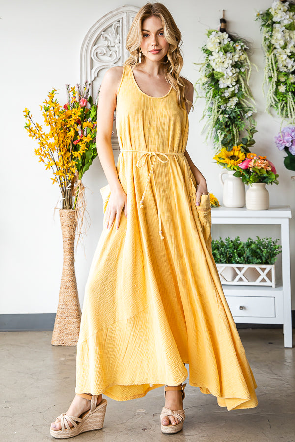 WASHED SLEEVELESS TIE WASIT FLARE HEM MAXI DRESS