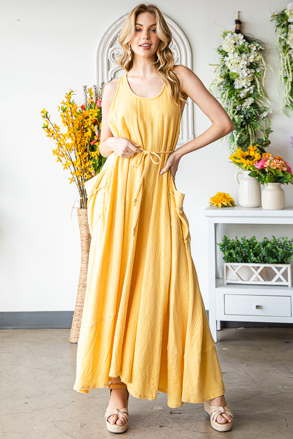 WASHED SLEEVELESS TIE WASIT FLARE HEM MAXI DRESS