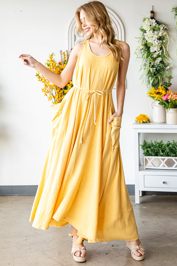 WASHED SLEEVELESS TIE WASIT FLARE HEM MAXI DRESS