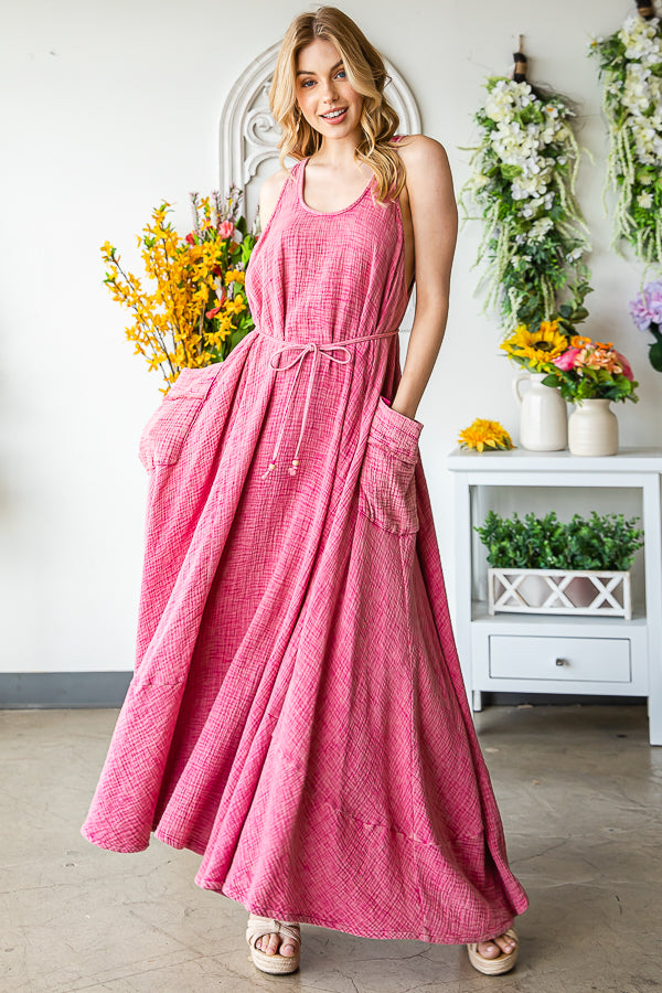 WASHED SLEEVELESS TIE WASIT FLARE HEM MAXI DRESS