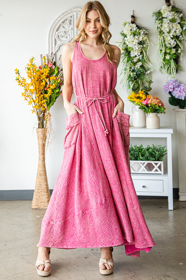 WASHED SLEEVELESS TIE WASIT FLARE HEM MAXI DRESS