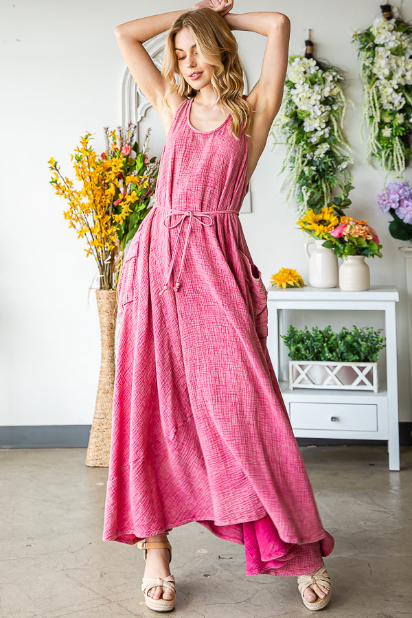 WASHED SLEEVELESS TIE WASIT FLARE HEM MAXI DRESS