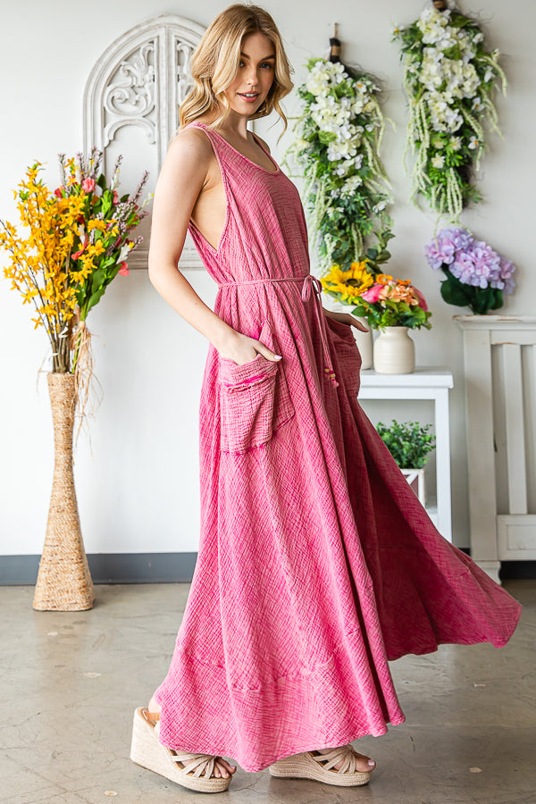 WASHED SLEEVELESS TIE WASIT FLARE HEM MAXI DRESS