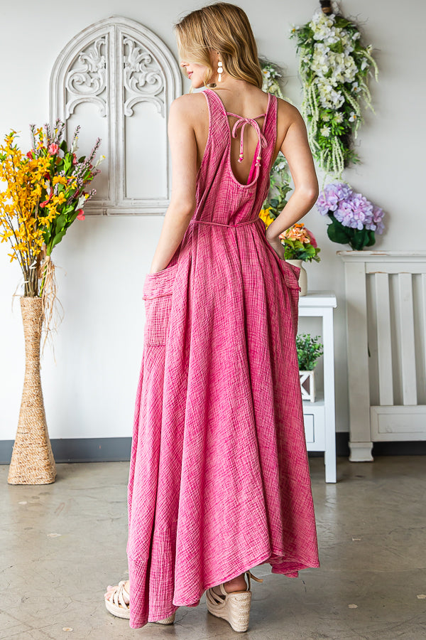WASHED SLEEVELESS TIE WASIT FLARE HEM MAXI DRESS