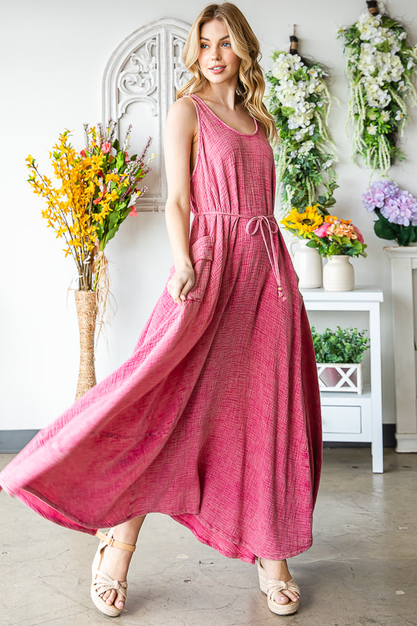 WASHED SLEEVELESS TIE WASIT FLARE HEM MAXI DRESS
