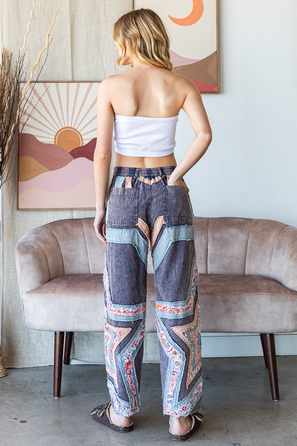 WASHED STAR PATCHWORK MIX MEDIA PANTS