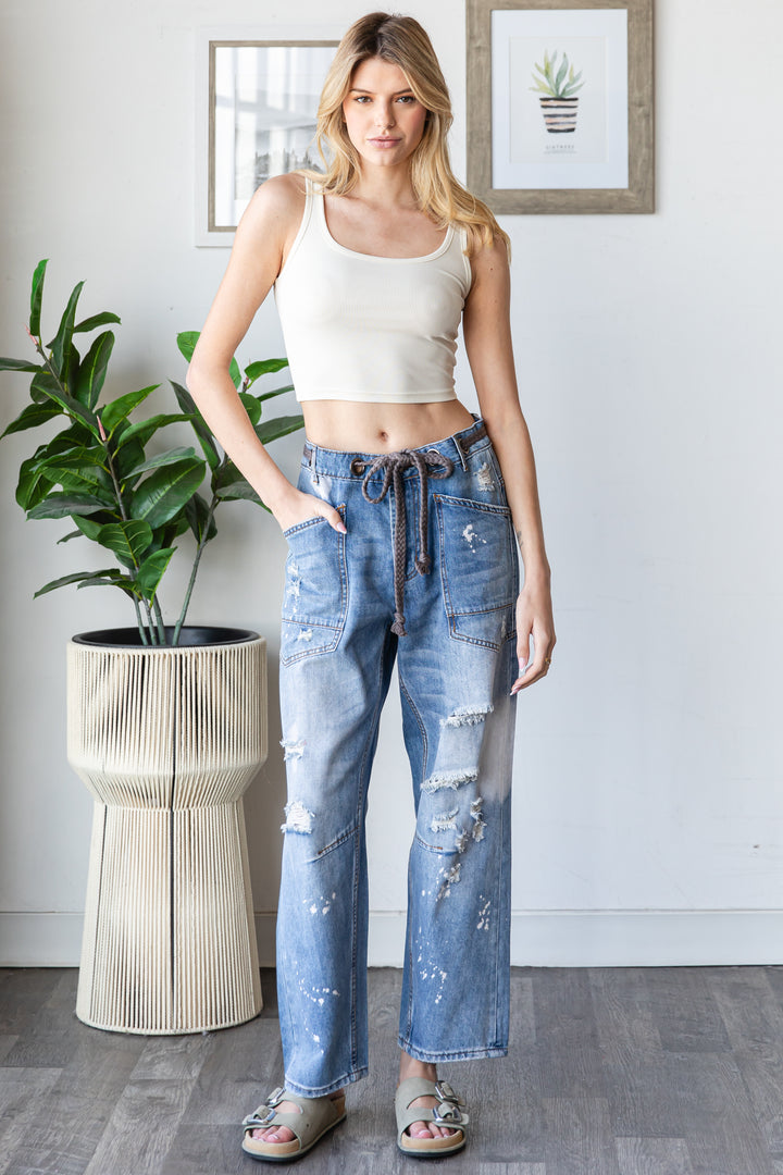 WASHED DRAWSTRING WAIST DISTRESSED DENIM JEANS