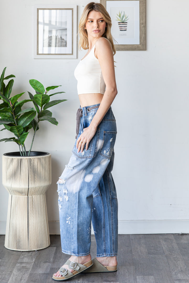 WASHED DRAWSTRING WAIST DISTRESSED DENIM JEANS