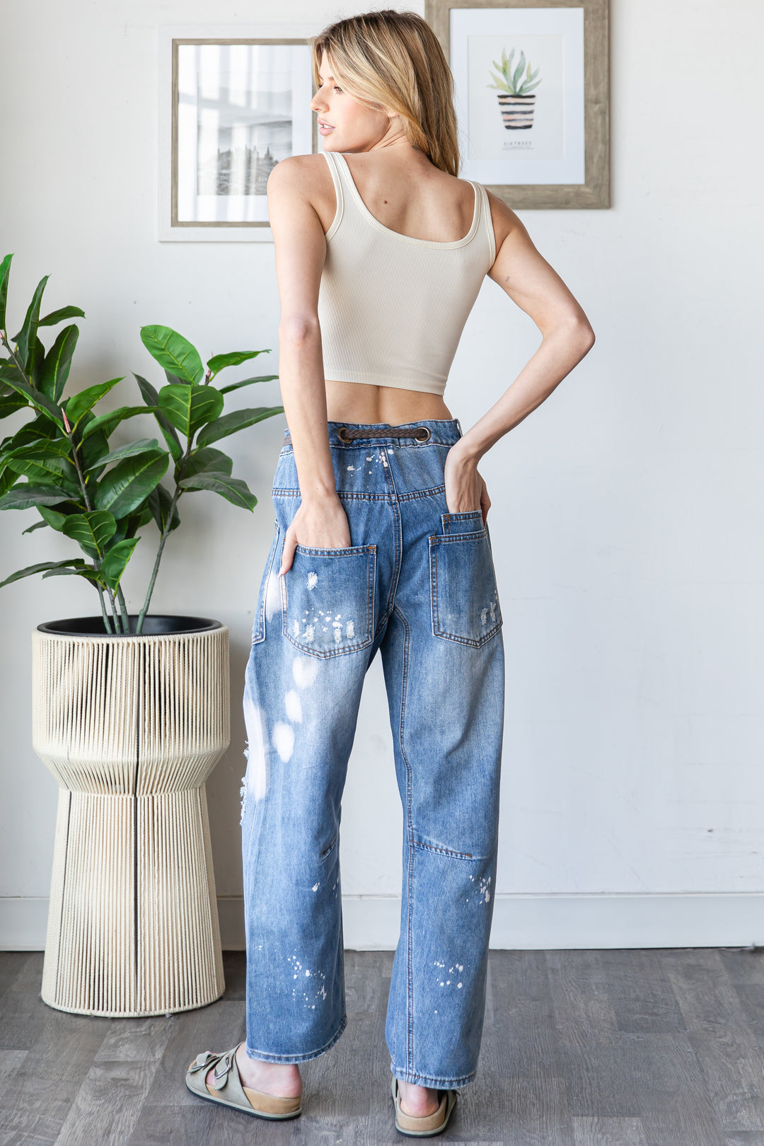 WASHED DRAWSTRING WAIST DISTRESSED DENIM JEANS