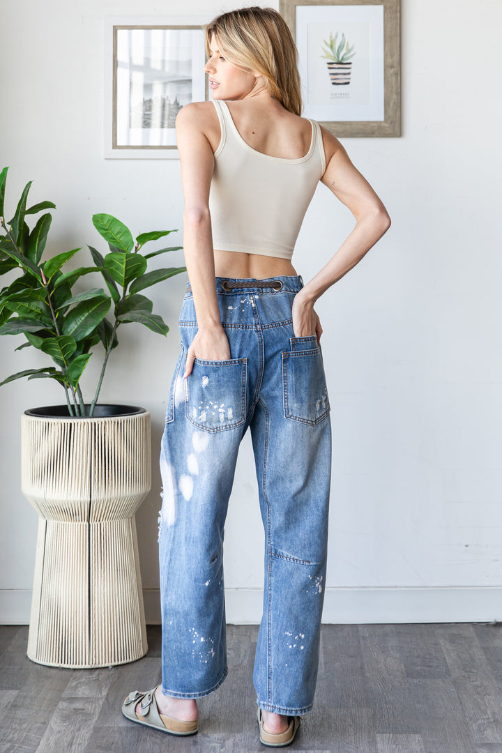 WASHED DRAWSTRING WAIST DISTRESSED DENIM JEANS
