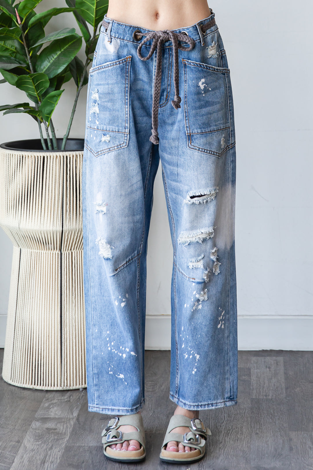 WASHED DRAWSTRING WAIST DISTRESSED DENIM JEANS