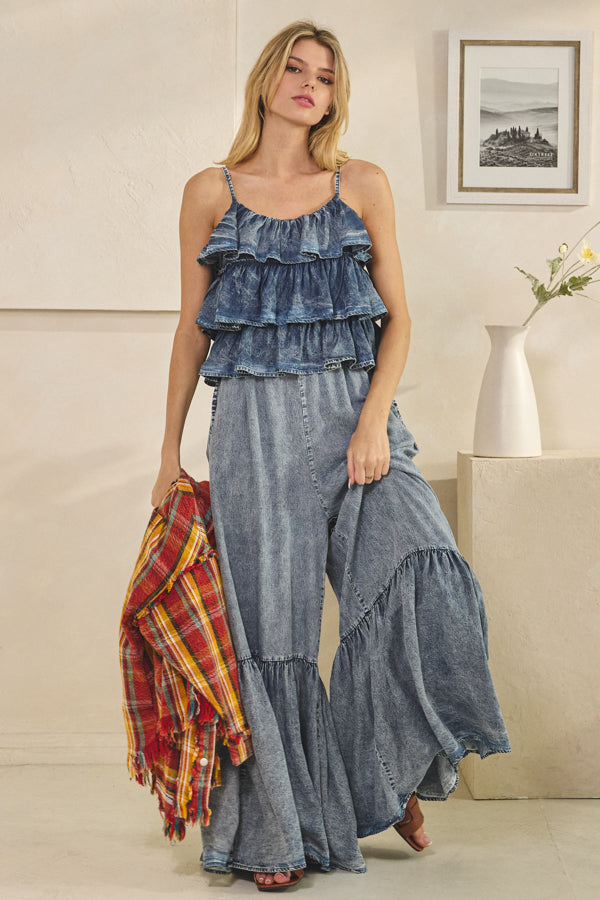 WASHED RUFFLE TOP TENCEL ROMPER