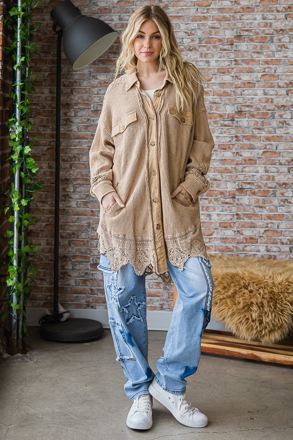 WASHED LACE HEM BUTTON FRONT SHIRT