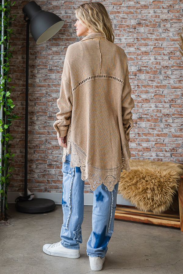 WASHED LACE HEM BUTTON FRONT SHIRT