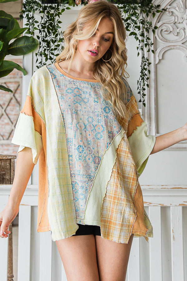 WASHED FABRIC MIXED SHORT SLEEVE TOP