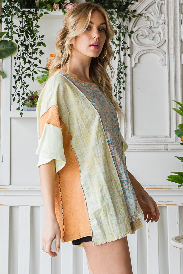 WASHED FABRIC MIXED SHORT SLEEVE TOP
